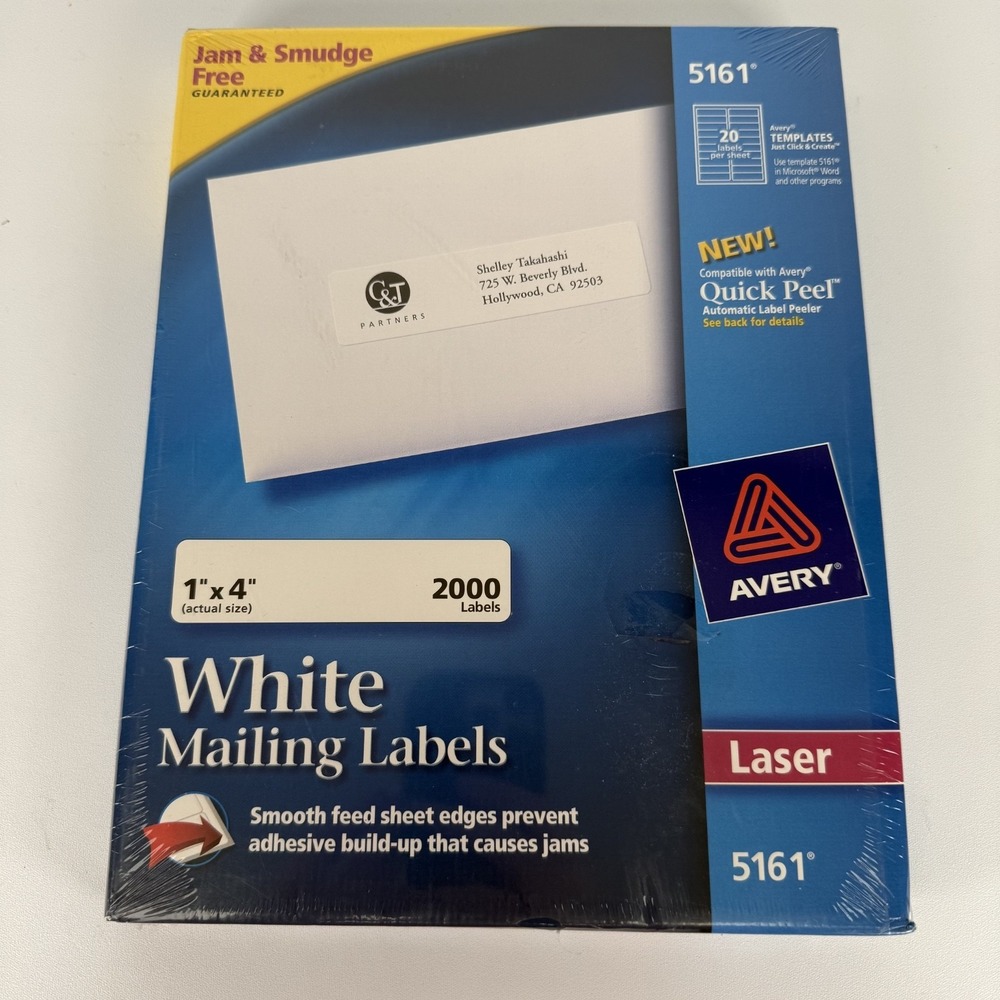 AVERY‎ 5161 White QUICK PEEL Mailing Address Labels, 1" x 4", 2000pcs 100 sheets